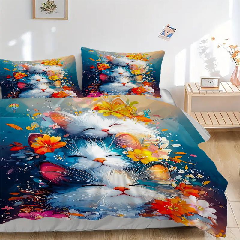 3pcs Two Cats Surrounded by Colorful Flowers Bedding Set - Includes Quilt Cover and Pillowcases, Suitable for All Seasons, Machine Washable