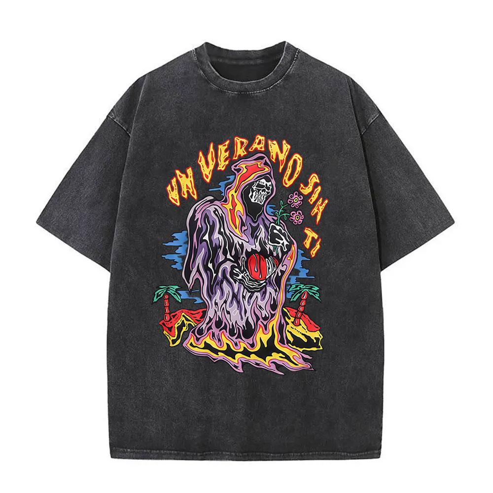 Washed Vintage Rapper Bad Bunny Tshirt Nadie Sabe Lo Que Va A Pasar Manana Skeleton Graphic T Shirts Men Fashion Hip Hop Tshirt