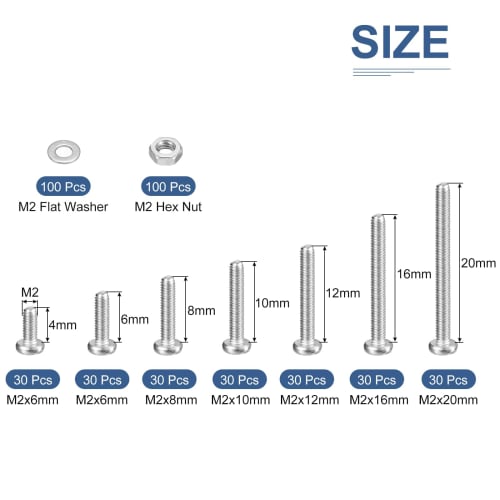 DTGN 410-Piece Nut and Bolt Assortment Kit, M2 Pan Head Machine Screws with Washers, 304 Stainless Steel, for Drawers, Cabinets, and Closets, Handles