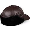 Men's Winter Genuine Leather Hat with Ear Protection and Fleece Lining - Warm Thickened Cowhide Lei Feng Style Cap for Outdoor Use