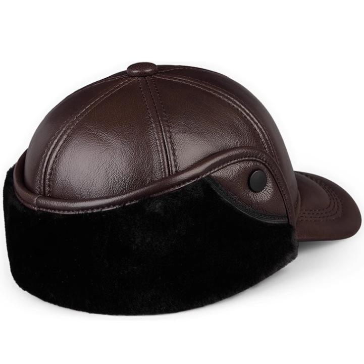 Men's Winter Genuine Leather Hat with Ear Protection and Fleece Lining - Warm Thickened Cowhide Lei Feng Style Cap for Outdoor Use