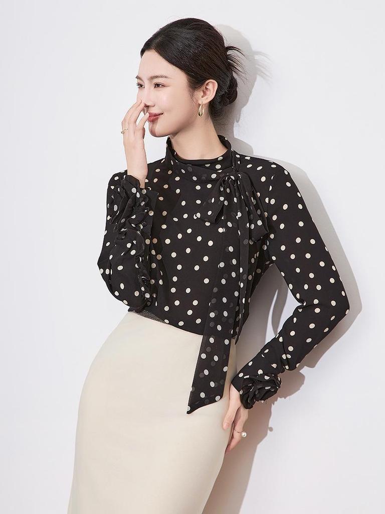 Elegant French Polka Dot Chiffon Shirt: Stylish Bow Design for Early Spring