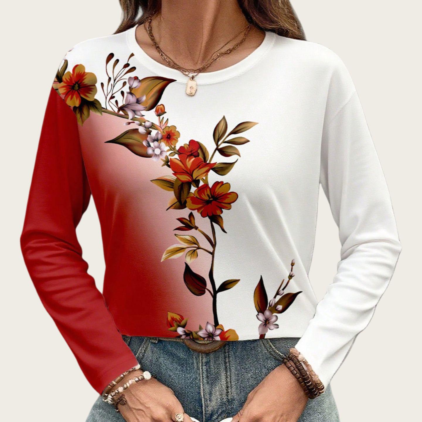

European & American Plus Size Women s Floral Print Long Sleeve Round Neck Top 2XL