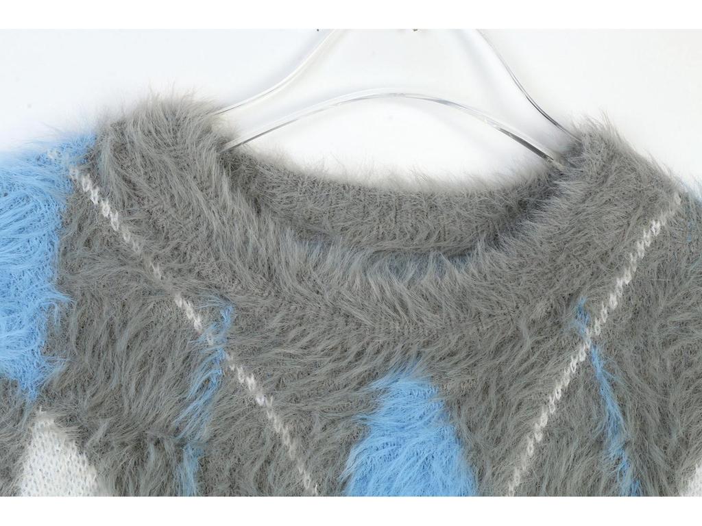 Women's French Argyle Pullover: Soft, Fluffy, Loose-Fit Color Block Sweater for Autumn/Winter, Versatile Round Neck Knit Design.