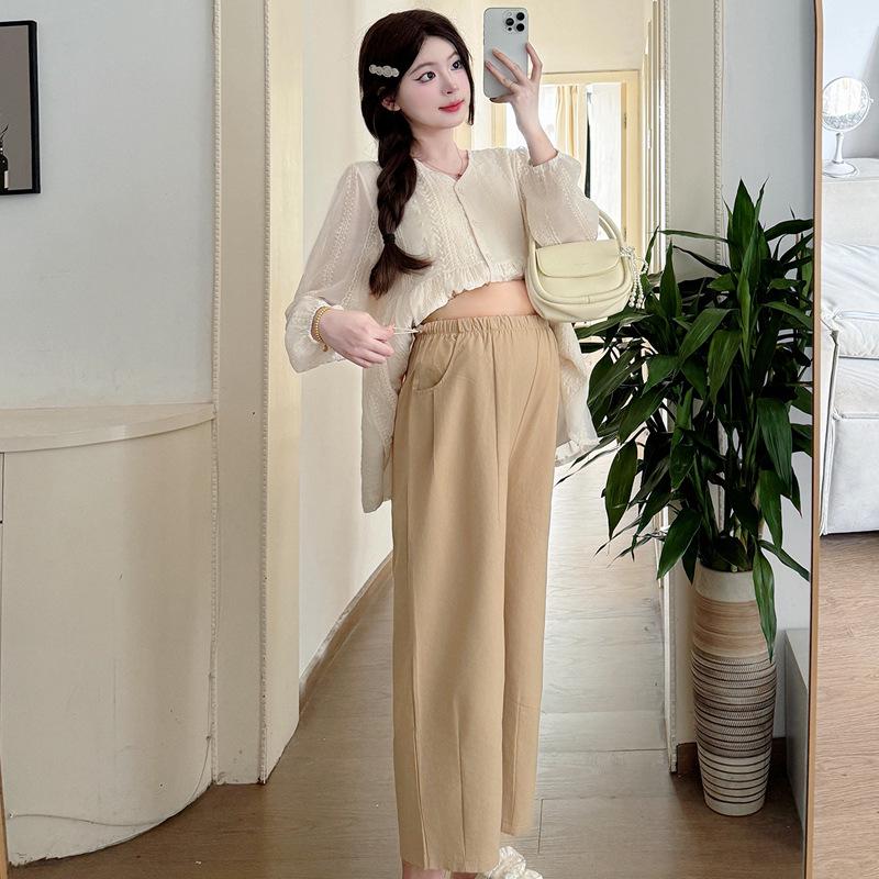 Korean Style Maternity Set: Spring/Summer Loose Lace Top & Wide-Leg Cropped Pants Medium