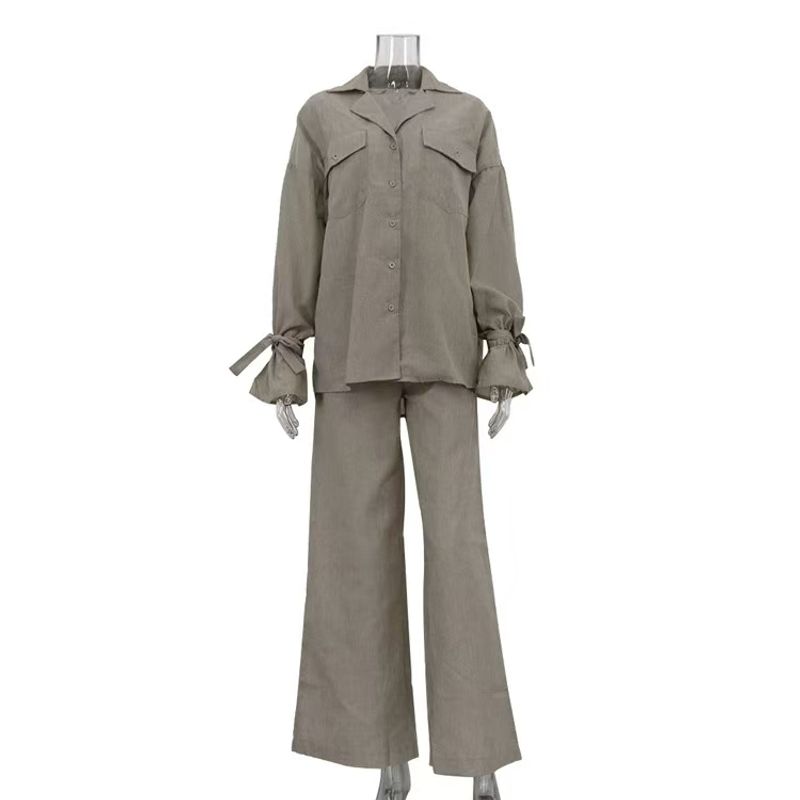 

Fashion Style Flare Sleeve Shirt Loose Pants Two-piece Set Horn Sleeve Shirt and Pants Set Khaki L