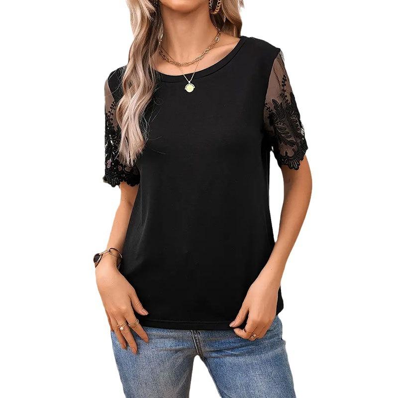 Women's Summer T-shirt Elegant Knit Spell Lace Round Neck Loose Mesh Splicing Short Sleeve Top