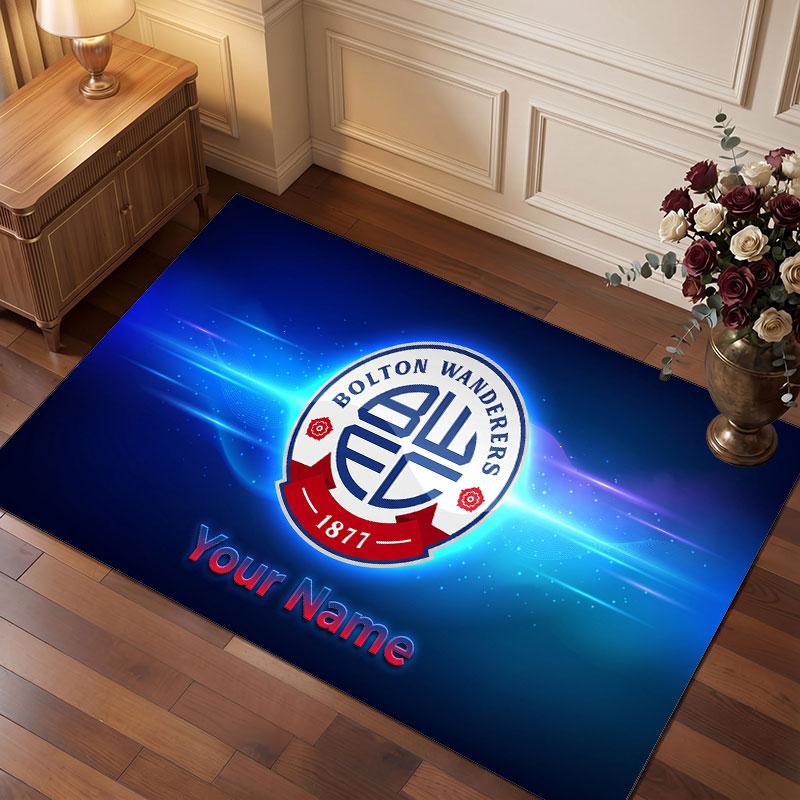 Bolton Wanderers FC Custom Crystal Velvet Rug, Personalized Name Text Print, Football Logo Soft Non‑Slip Floor Mat Home Decor Gift