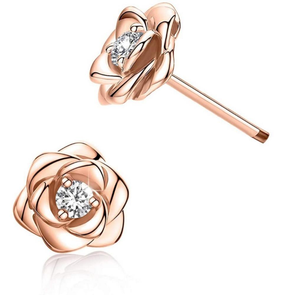 Rose Gold Flower and Diamond Stud Earrings, Fashionable and Beautiful