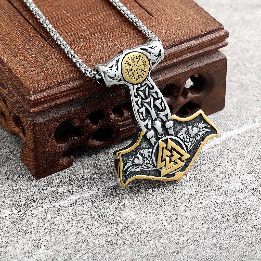 Stainless Steel Viking Pendant Necklace with Double Wolf Heads - Nordic Mythology Inspired, Retro Style
