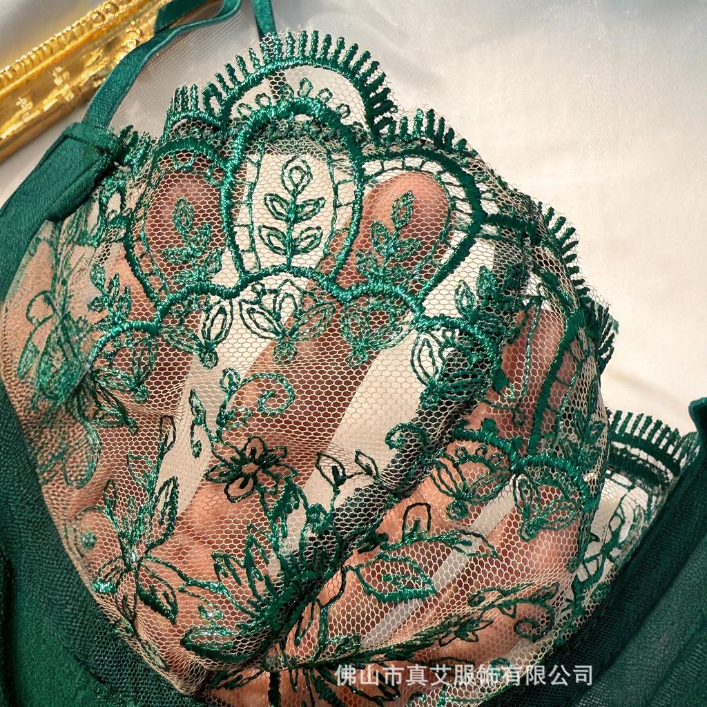 Green Embroidered Lace Fun Bra Pure Lust Perspective Mesh Gathering Bra Thong Set