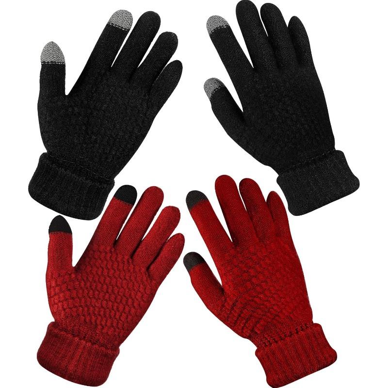 2Pairs Women's Winter Touchscreen Gloves Warm Fleece Lined Knit Gloves Elastic Cuff Winter Texting Gloves