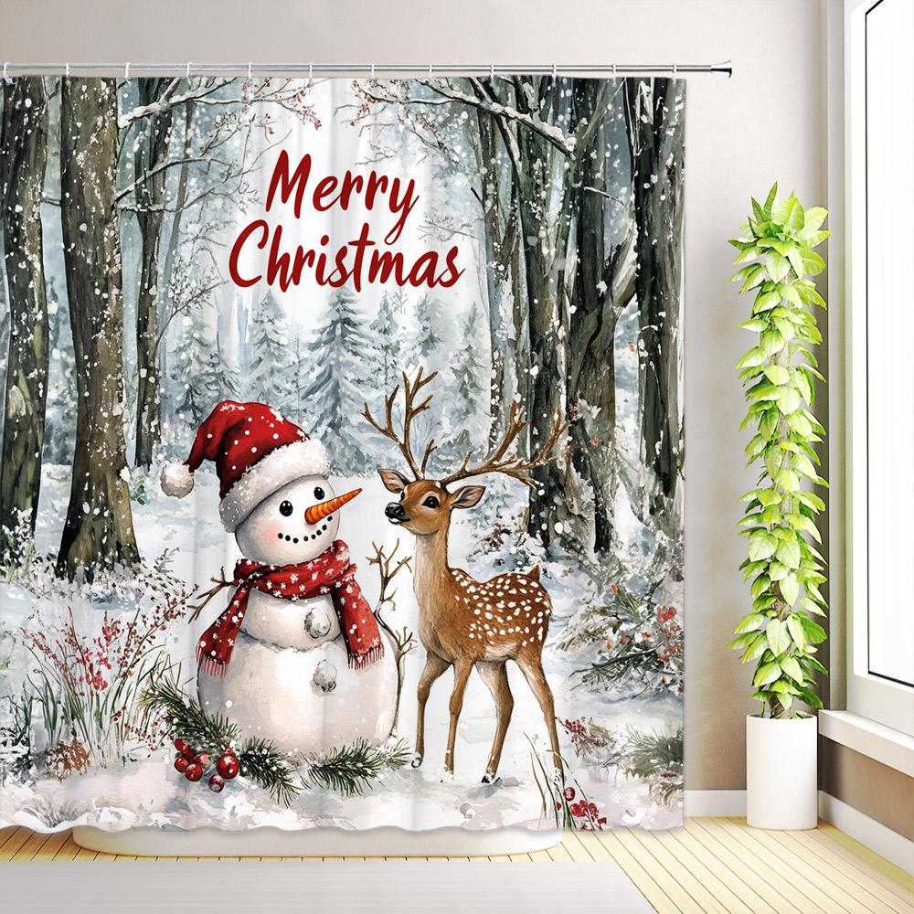 Weihnachts-Schneemann Eichhörnchen Duschvorhang Roter Vogel Winter-Schneeflockenwald Schnee-Landschaft Zeder Rentier Weihnachten Haus Badezimmer Dekoration