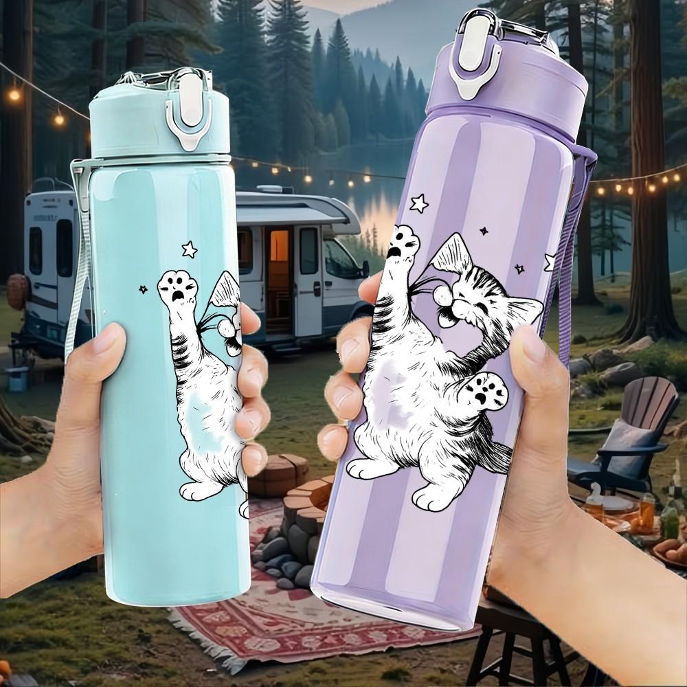 1PC Dancing Kitten Sketch Print 750ml Color Plastic Sports Water Bottle Leakproof Flip Straw Lid Suitable for Sports Office Home Use