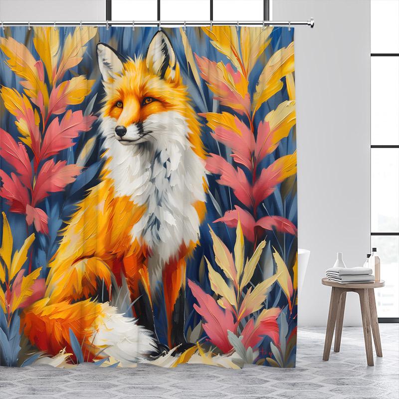 Funny Fox Shower Curtain Autumn Forest Maple Leaves Animal Fall Art Scenery Bath Curtains Fabric Home Bathroom Decor with Hooks