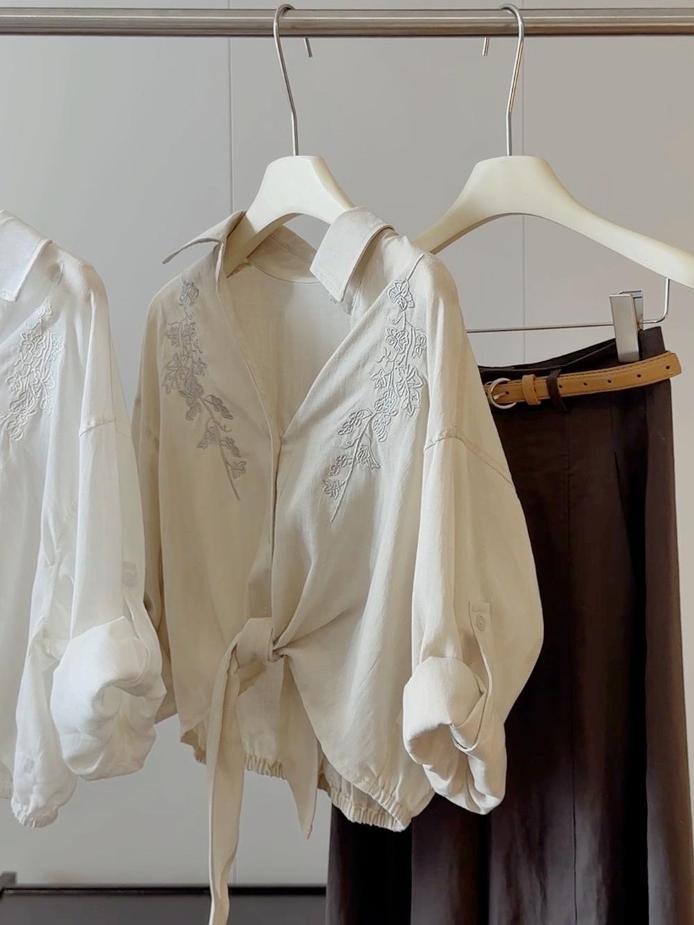 Women s Polo Collar Long Sleeve Blouse Loose Fit Casual Embroidered Shirt Summer Lightweight Cardigan Top SIZE