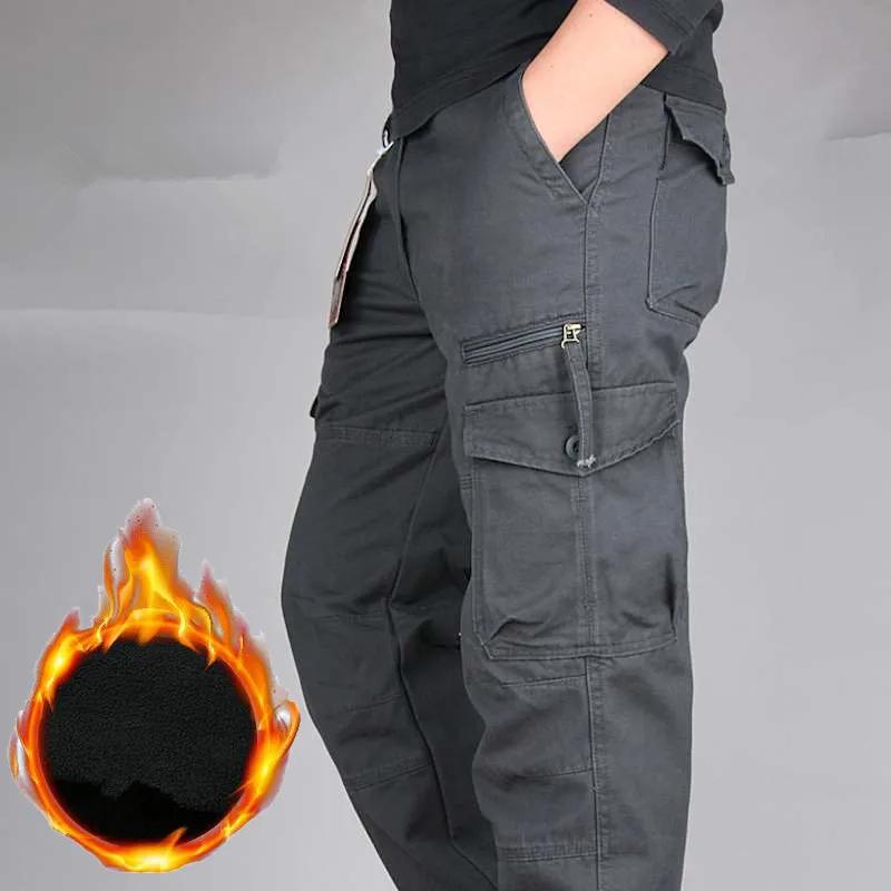 Men's Winter Cargo Pants Double Layer Fleece Warm Thick Cotton Long Trousers Men Baggy Casual Cotton Pants