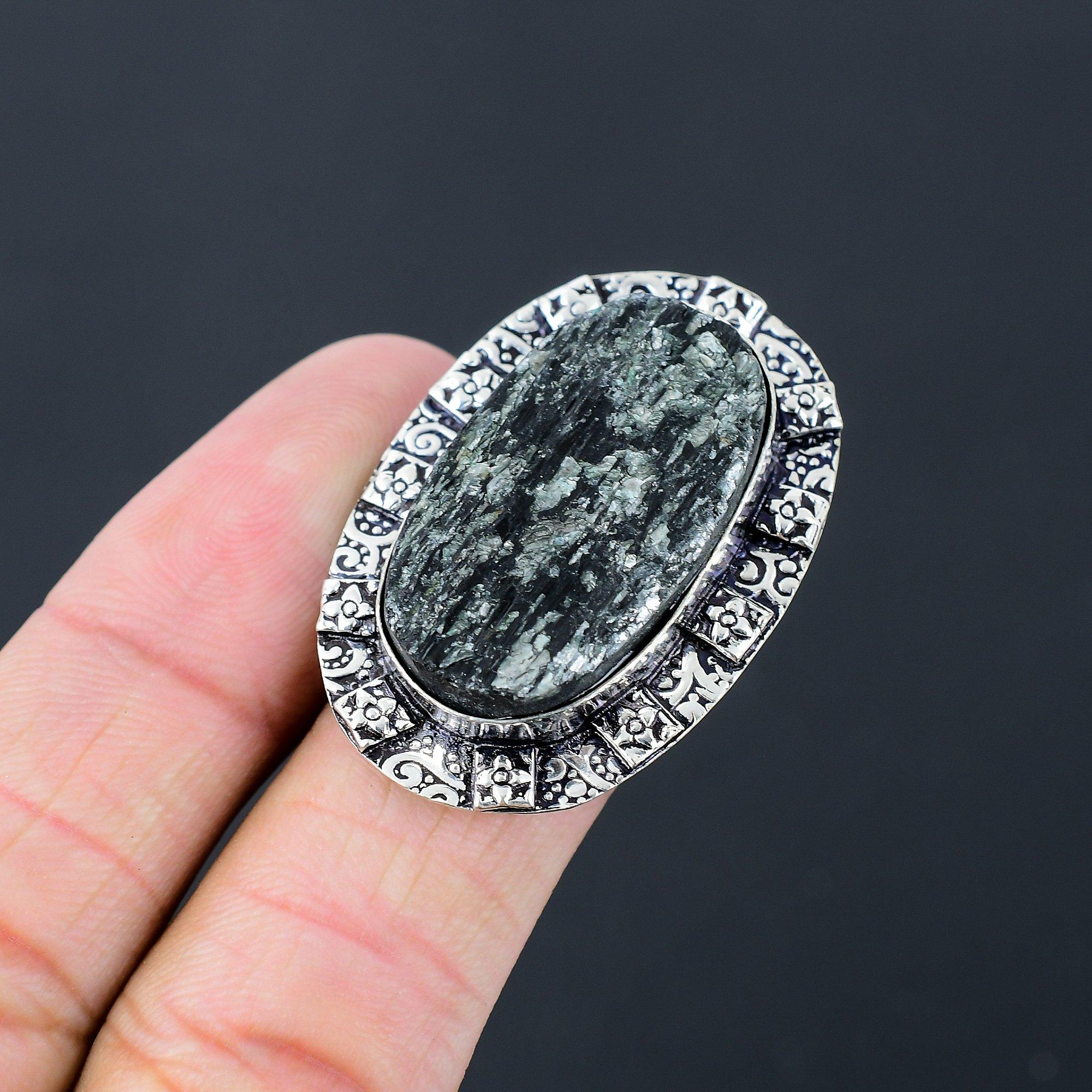 Black Tourmaline Rough Stone 925 Silver Mother Solitaire Ring Jewelry Size 7.5 7.5