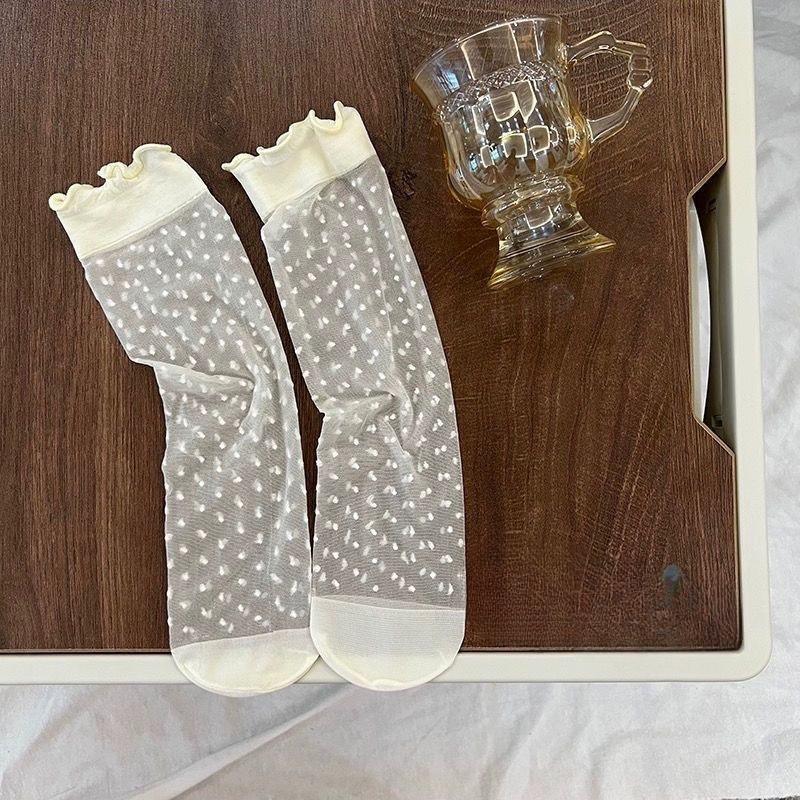 Summer Glass Fiber Polka Dot Socks, Women's Black Ear-edge Transparent Mid-calf Socks, Thin Ice Fiber Lace Crystal Short Socks, Breathable
