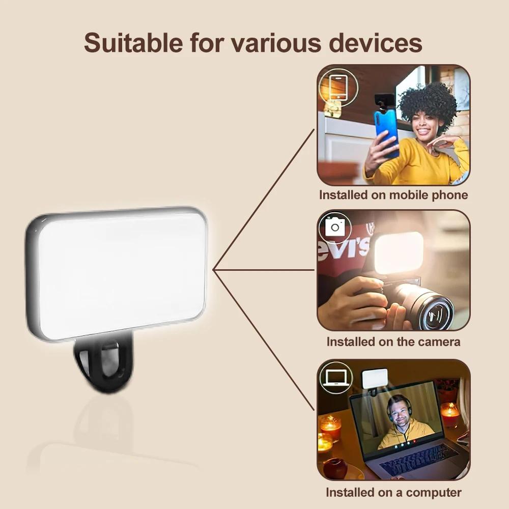 Luz de Relleno LED Recargable Compacta con Clip y Brillo Ajustable para Teléfonos y Portátiles