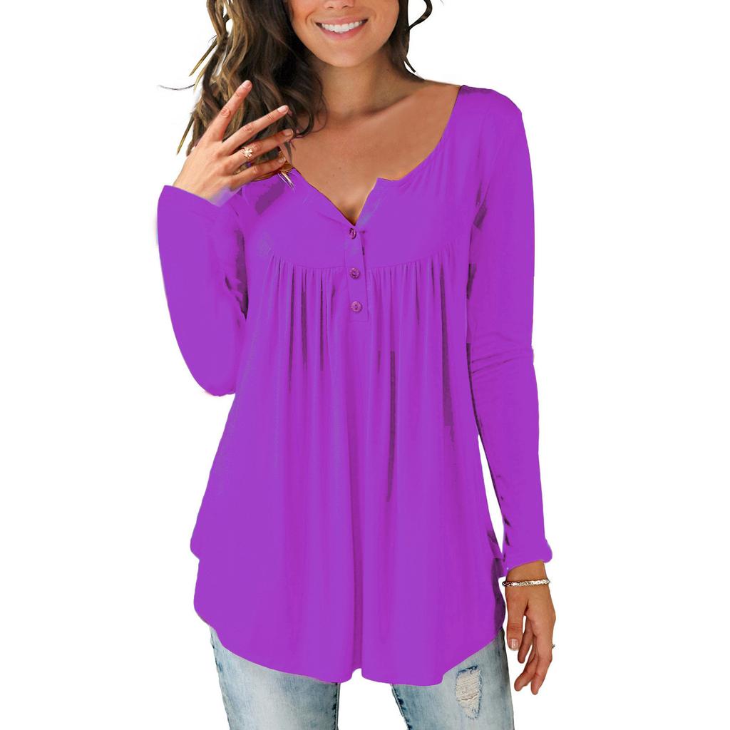 Women's Casual Loose Solid Color Long-sleeved Loose  Button Pleated Top