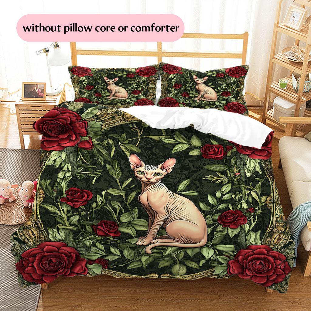 Cats and Dogs with Roses  Pattern Bedding Quilt Set  Home Decoration  Gift (1 * duvet cover + 2 * pillowcase, without core)