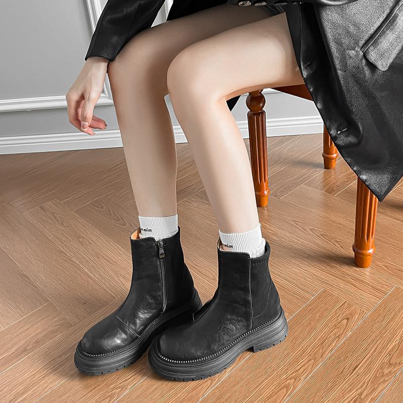 Hand scratched platform short boots women's spring and autumn Chelsea single boots British style Martin boots thick heel side zipper chimney boots