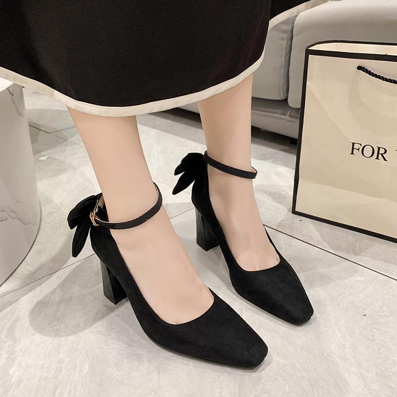 Fashion Elegant French Style Women's Shoes Versatile Bow Design High Heel Low Heel Spring Autumn New Arrival Rubber Upper Material