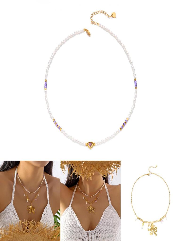 Ensemble de colliers en acier inoxydable avec accents perle et coquillage pour femmes et hommes