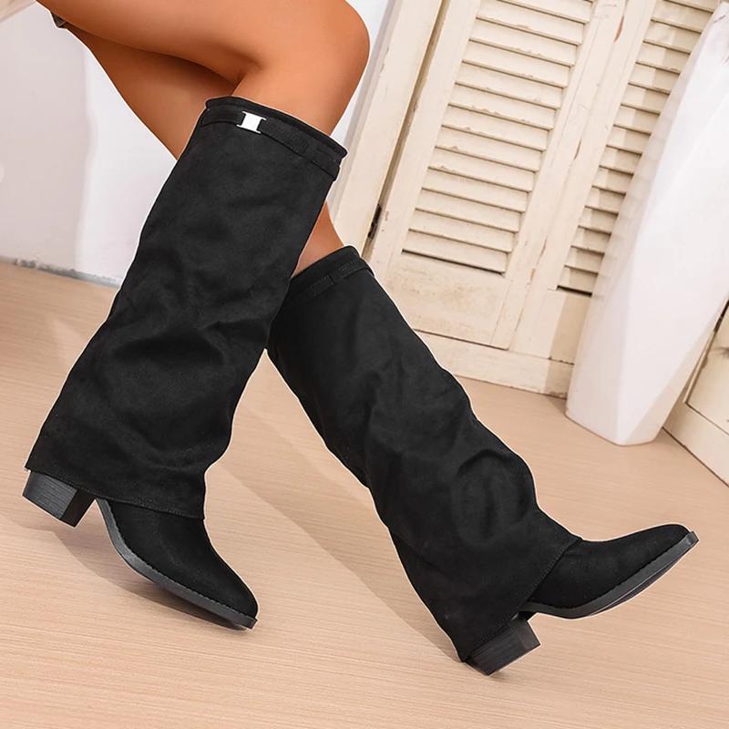 Fashion Slip On High Heeled Knee High Boots Women Autumn Winter High Tube Rider Pointed Toe Thick Heel Long Botas