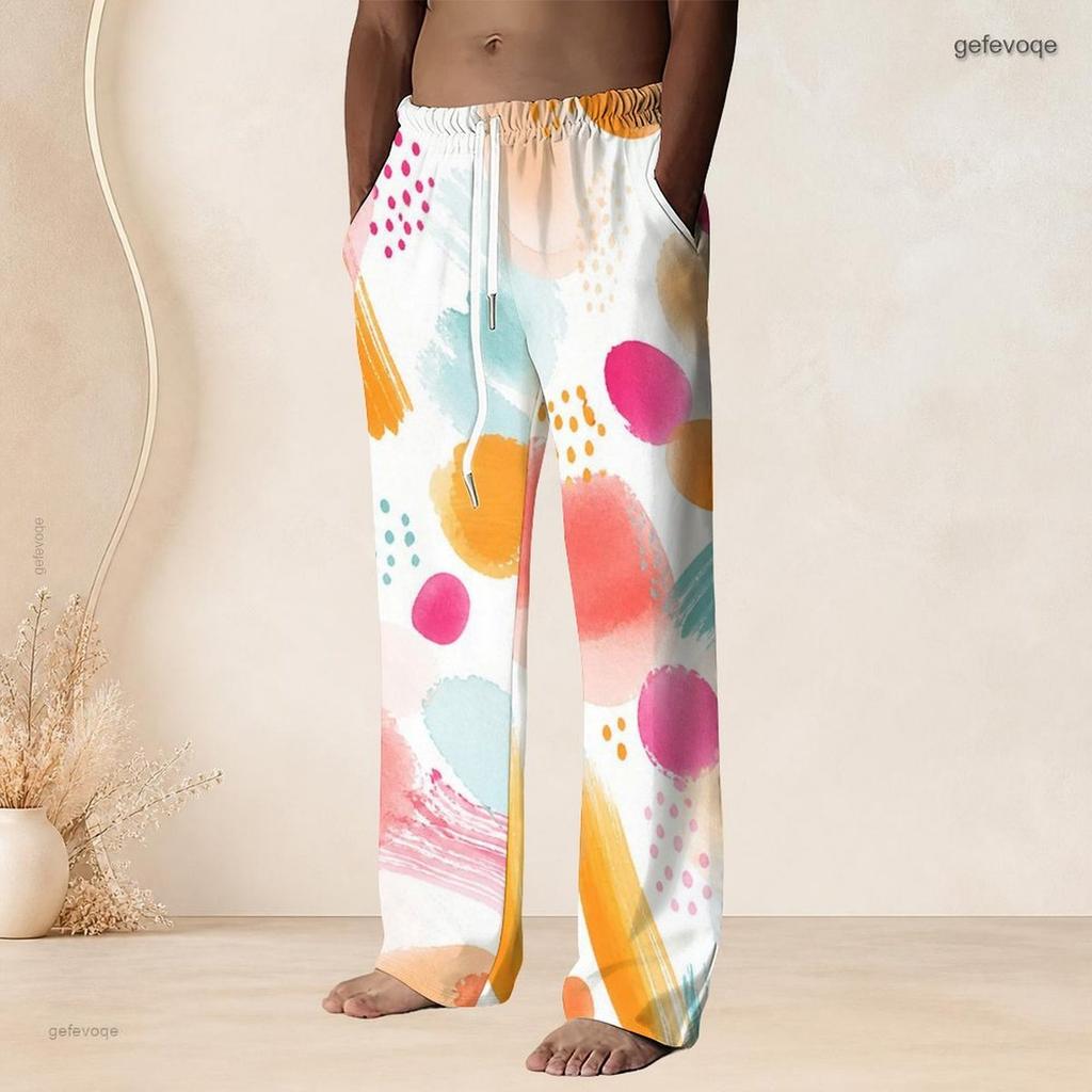 Men S Plus Size Blue Black Ink Splash Printed Drawstring Waist Straight Leg Full Length Beach Pants