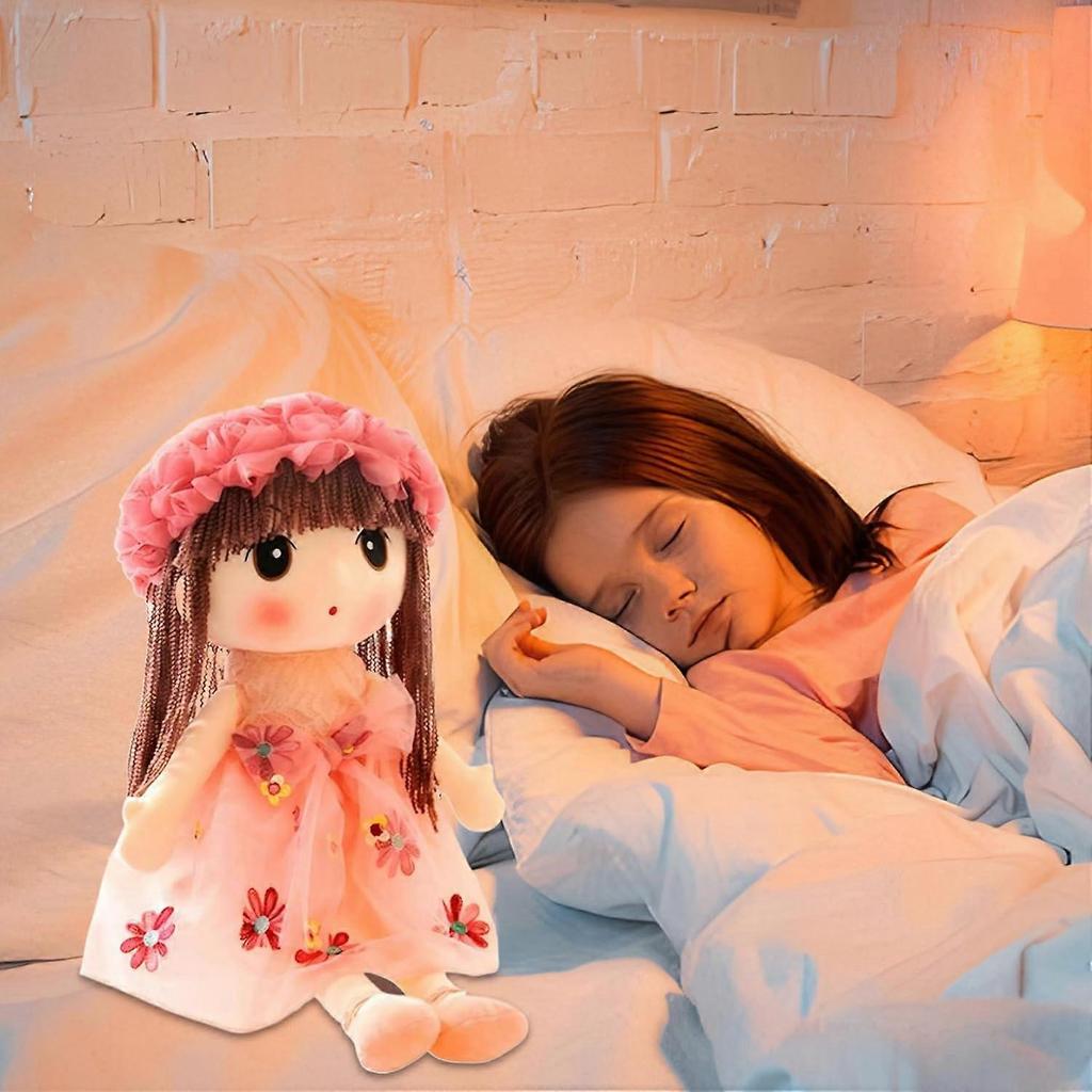 Cute and realistic fabric doll for girls, 18inch plush doll with floral dress, hat, shoes, and long hair.