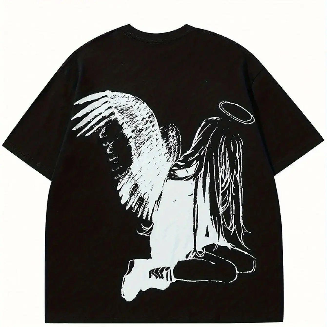 

Hip Hop Street Harajuku Angel Wing Pattern Tshirt Gothic Y2k Tops Print Cptton T Shirts Casual Loose Streetwear Unisex 4XL