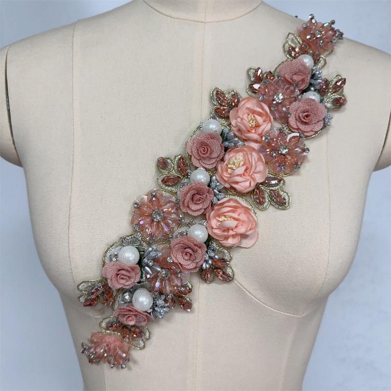 Big Rhinestone 3D Flower Sewing Fabric Applique Embroidery Rhinestone Flower Patch for Wedding Dress Decoration