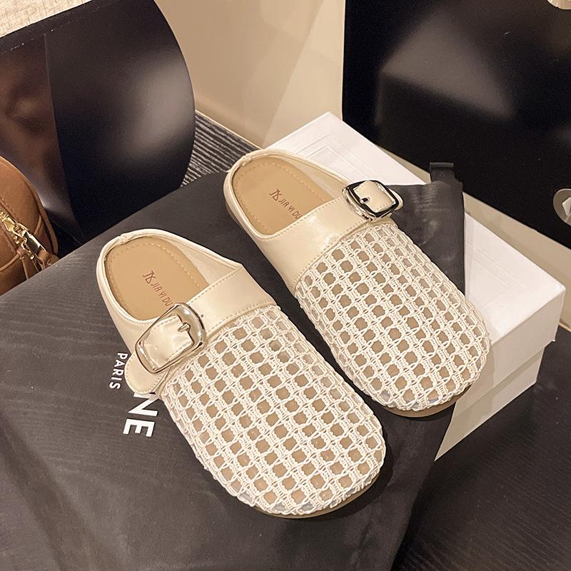 Woven Hollow Half Slippers 2025 Summer Bag Head Lazy Drag Belt Buckle Thick Heel Roman Cool Slippers Femininity