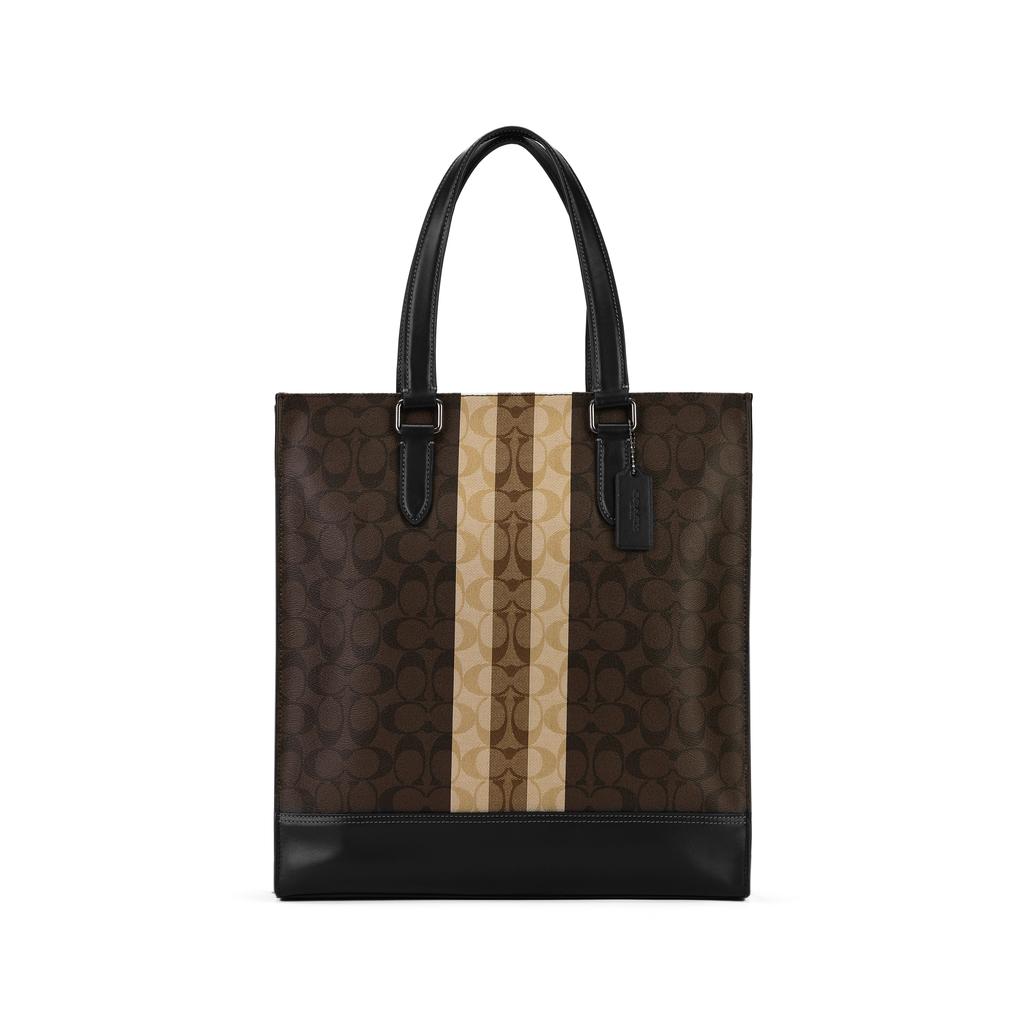 Coach Graham Slim Brief Striped Monogram Faux Leather Tote Shopping Bag Crossbody Handbag Men Tote Bags Brown 6707-QBMAA
