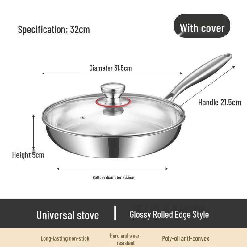 Lilang 304 Stainless Steel Flat-Bottom Frying Pan with Lid