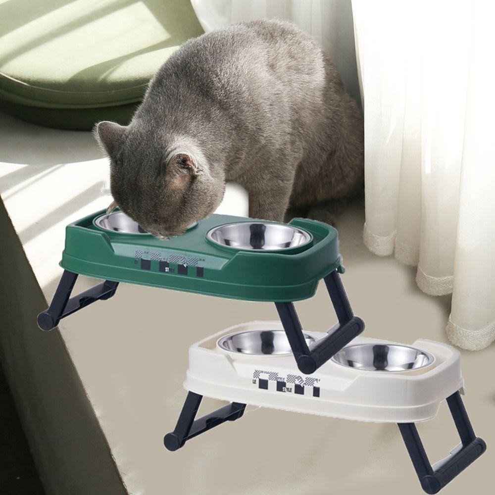 Plastic/Stainless Steel Double Cat Bowl Non-Slip Cat Feeding Bowl  for Puppy Kitten