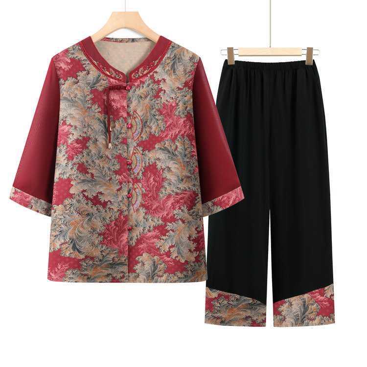 Grandma's Summer Seven-Sleeve Chinese Suit: Traditional Two-Piece Women's Set