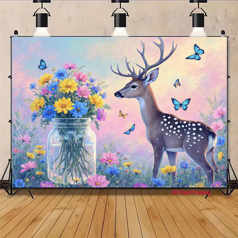 Dreamy Pastel Deer Tapestry, Whimsical Watercolor Fawn in a Wildflower Meadow with Butterflies, Soft Boho Wall Art