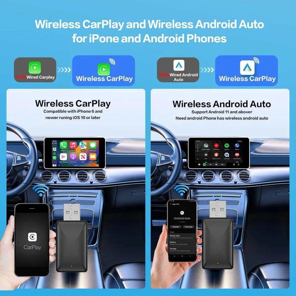 2 In 1 Wired To Wireless Carplay Adapter for IOS Android Wi-Fi 6 Bluetooth 5.4 Auto Smart USB Dongle Plug and Play Carplay Wireless Adapter