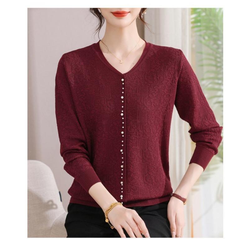 Neue Herbstmode Basis Top Gestrickt V-Ausschnitt Perlen Langarm für Damen Vielseitiger Pullover