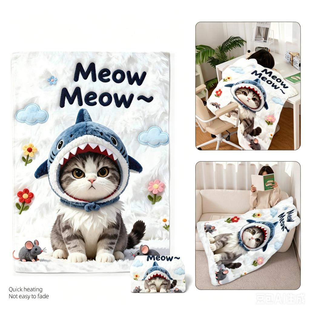Cute 2D Cat Flannel Blanket, Soft Fuzzy Kawaii Kitten Throw Blanket, Cartoon Shark Hat Ragdoll Cat Nap Blanket for Sofa Office B