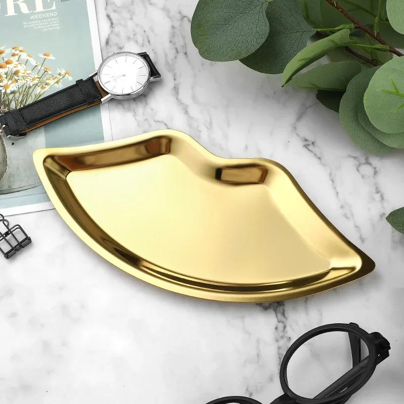 Ins Style Stainless Steel Lip Shaped Jewelry Tray Home Cosmetics Metal Decoration Tray Female Jewelry Storage Tray Decorative