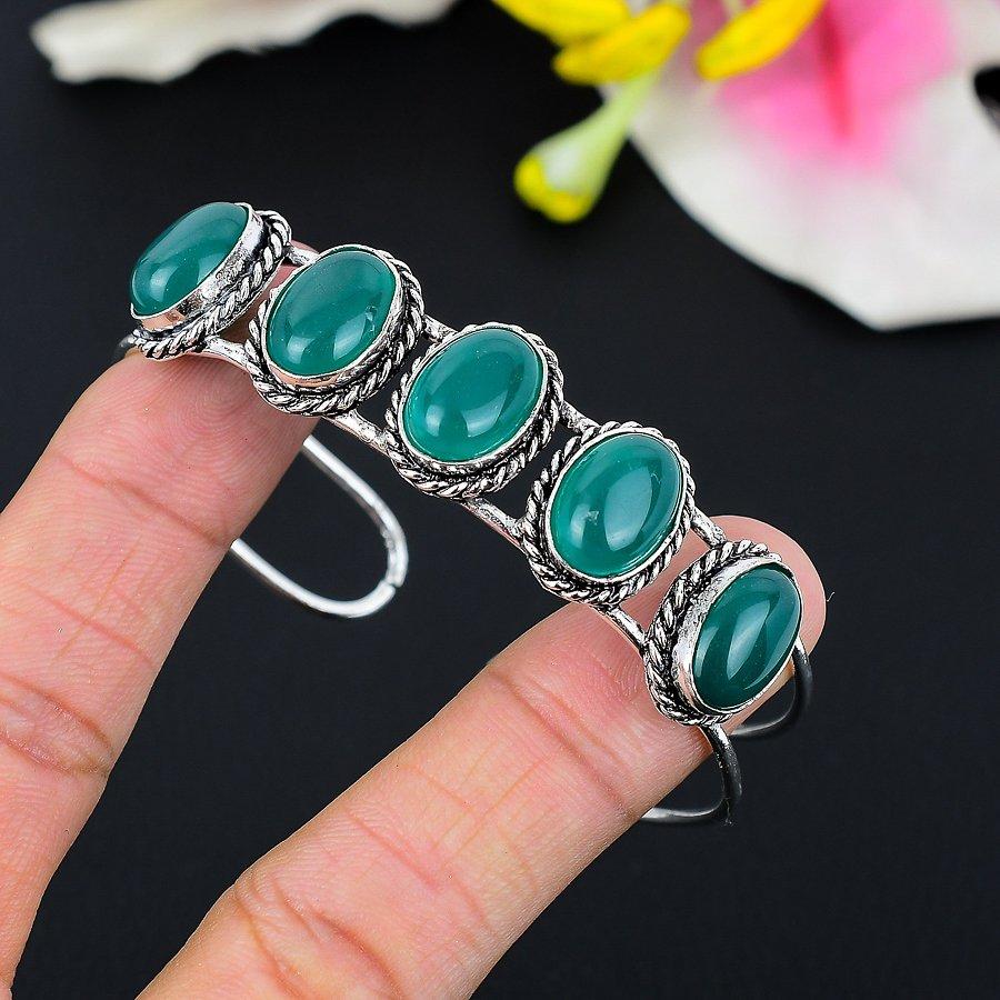 Green Onyx Gemstone Handmade 925 Sterling Silver Cuff Bangle Adjustable KG-261