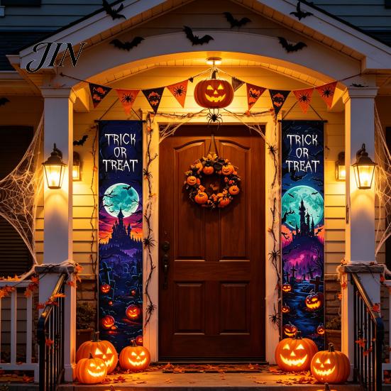 Durable Fabric Banner Halloween Porch Sign Banner, Pumpkin Ghost Party Awning Hanging Wall Decorative Holiday Door Decoration, Front Wreath