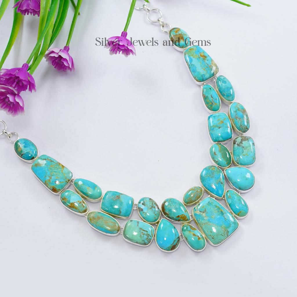 Natural Kingman Turquoise Necklace, Cluster Necklace, 925 Sterling Silver Necklace, Gift for Wife, Turquoise Statement Necklace