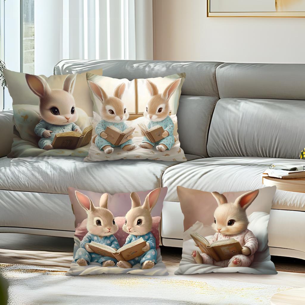 Cute Rabbit Reading Pillowcase Bedroom Sofa Cushion Cover 100% Polyester Living Room Cushion Pillowcase Home Comfortable Decor