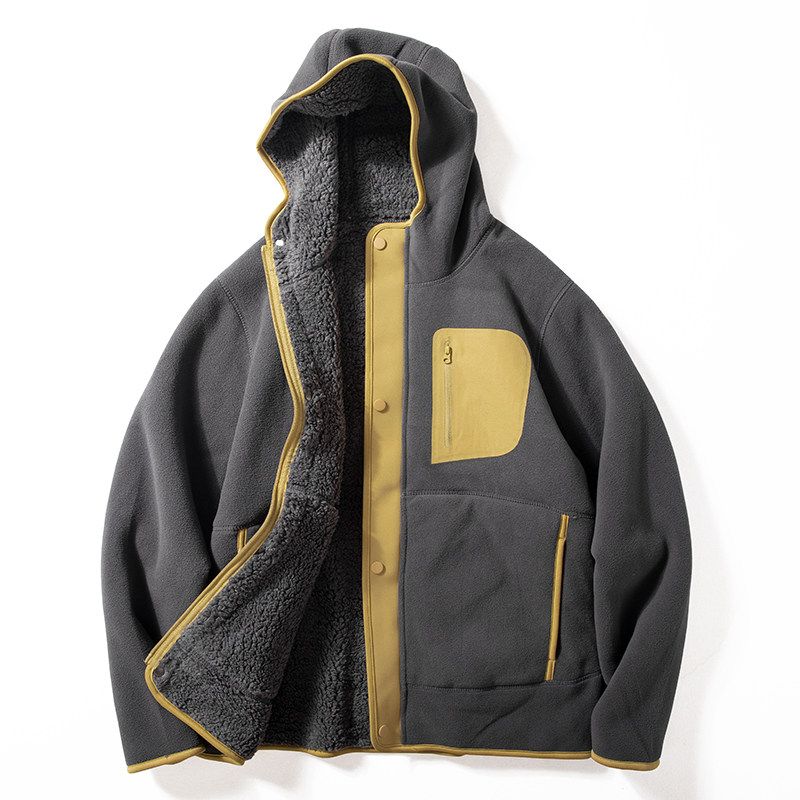 Fleece Jacket for Men, Autumn and Winter 2024 New Style, Contrasting Color Stitching, Casual Hooded Cotton Coat, Fleece-Lined, Thickened, Warm Jacket