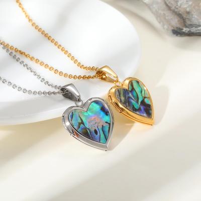 Damen Herz Medaillon Halskette Anhänger, Vintage Muschel Inlay Edelstahl Schmuck Wasserdicht